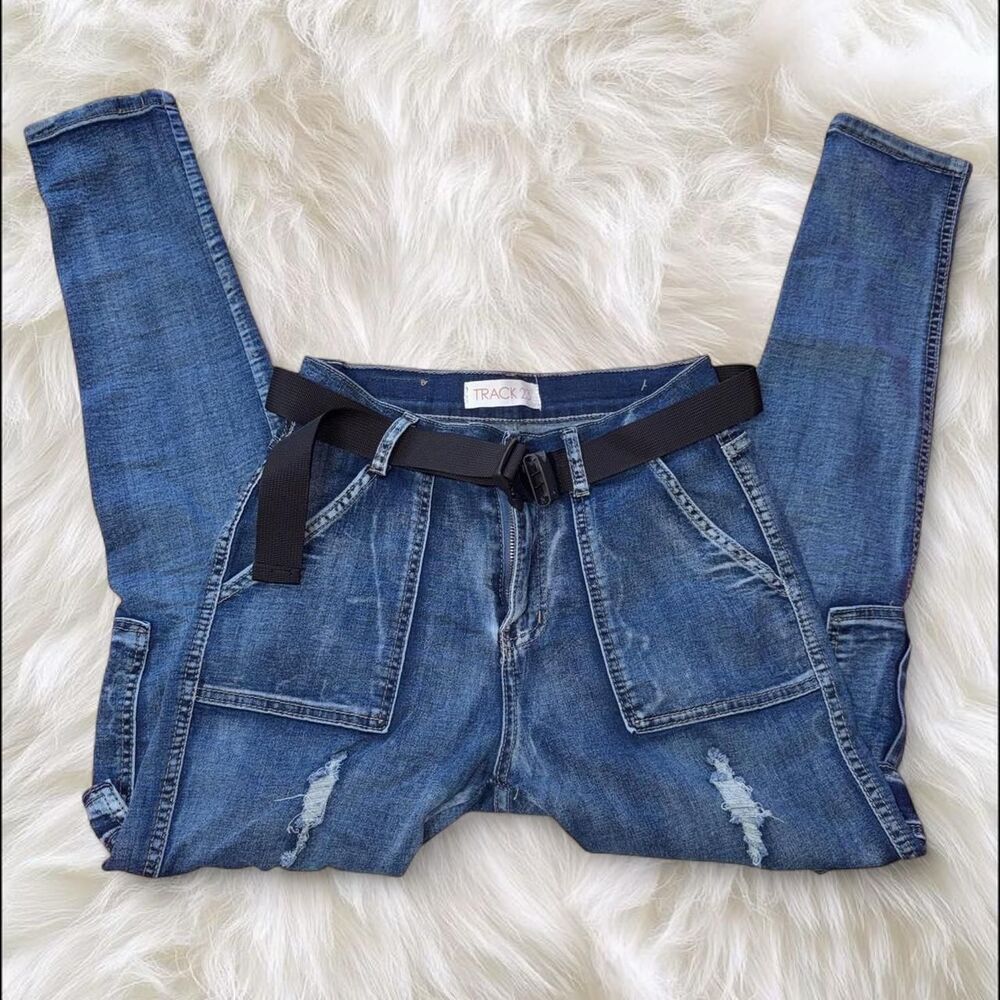 Track 23 Distressed Y2K Cargo Skinny Jeans Belted Dark Wash